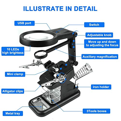 Estação de solda de amplificador de mão de ajuda, terceira mão de luz LED, 10 LEDs 3X/4.5X/25X supor