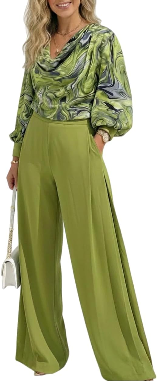 CHICME Women's 2 Pieces Outfit Abstract Print Cowl Neck Lantern Sleeve Crop Top and Wide Leg Pants Set