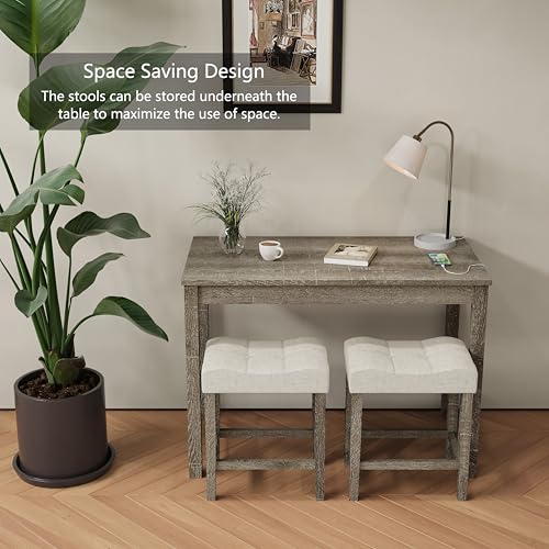 allamazing 3-Piece Counter Height Bar Table Set with Socket and 2 Fabric Padded Bar Stools, Tall Kitchen Breakfast Dining Table Set with Stools (1+2 Natural) - Thumbnail 7