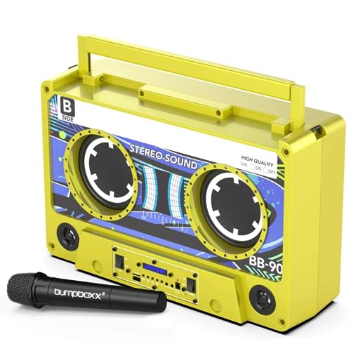 Image of Bumpboxx Remixx Retro Bluetooth Boombox | Portable Cassette-Style Speaker with High-Fidelity Sound & Wireless Mic | Highlighter Yellow (Renewed)