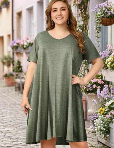 Image of OVERWORETY Womens Short Sleeve Plus Size T-Shirt Dress V Neck Casual Loose Swing A-Line Summer Tunic Dresses with Pockets