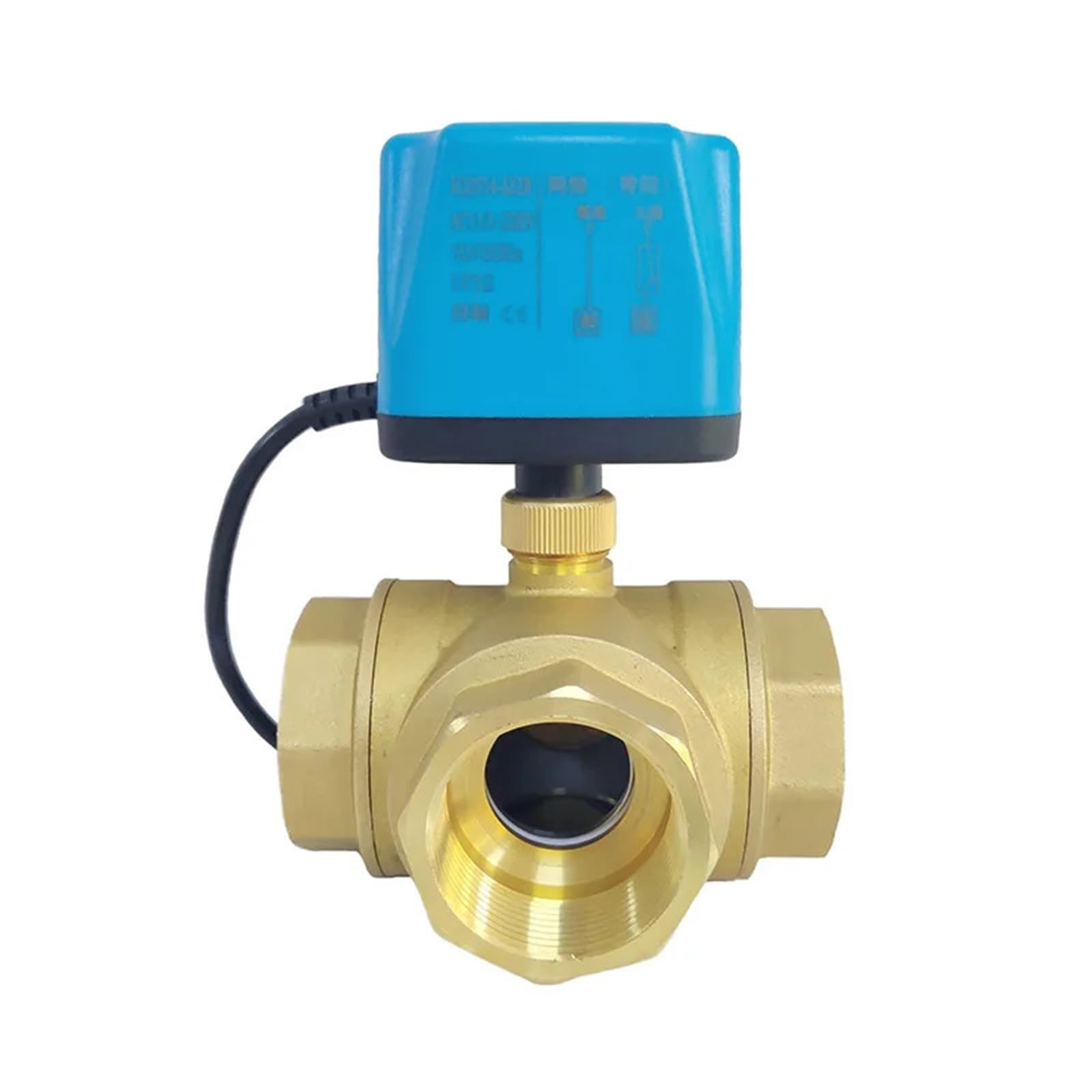 Motorized Ball Valve Three-Way T Type/L Type 2-Wire Power-Off Reset 8 N·m Torque Brass 220V AC/DC Electric(T TYPE-220VAC-OPEN,0.5 Inch)
