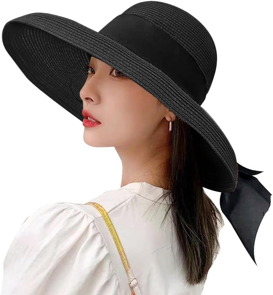 Wide Brim Straw Hat for Women Fedora Summer Sun Visor Hat Floppy Foldable Roll up Beach Sun Hat UV Sun Protection Travel Outdoor Straw Hat Fashion Bowknot Trilby Bowler Hat for Seaside Holiday Party