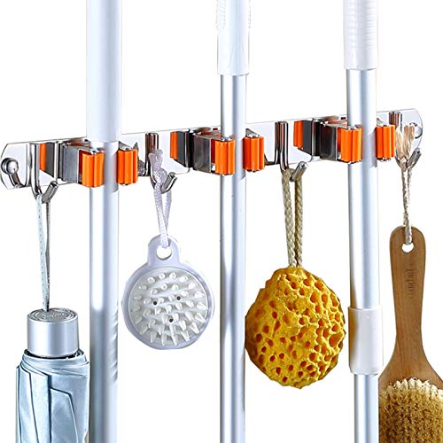 Broom Mop Holder Wall Mounted with 3 Racks 4 Hooks Heavy Duty Tools Hanger Garden Tool Organizer Garage Storage Rack Kitchen Utility Racks Home Hanger Closet Shed Basement