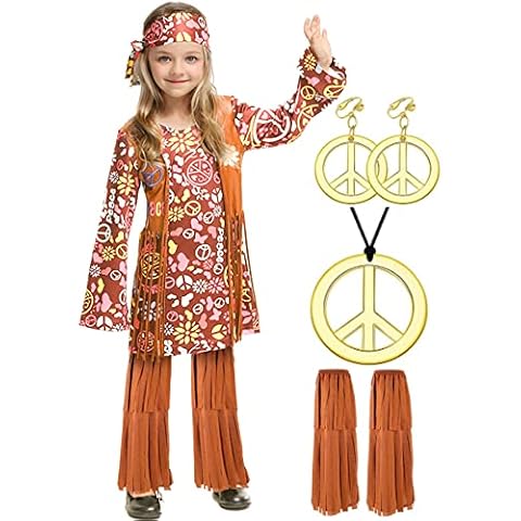 Hippie Costume Kids Girls Teen Abba Fancy Dress Costume Set 7Pcs with 60s 70s Disco Fancy Dress Girls 9-10 Years & Hippie Costume Accessories Sixties Fancy Dress Halloween Costume kids Girls Cover