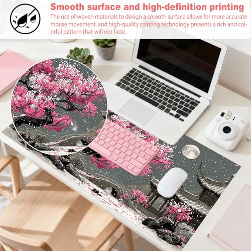 Image of Nuxovilar Professional Large Mouse Pad & Computer Game Mouse Mat (35.4x15.7IN, Japanese Cherry Blossom & Moon Art) (90 * 40cm Japanese Cherry Blossom)