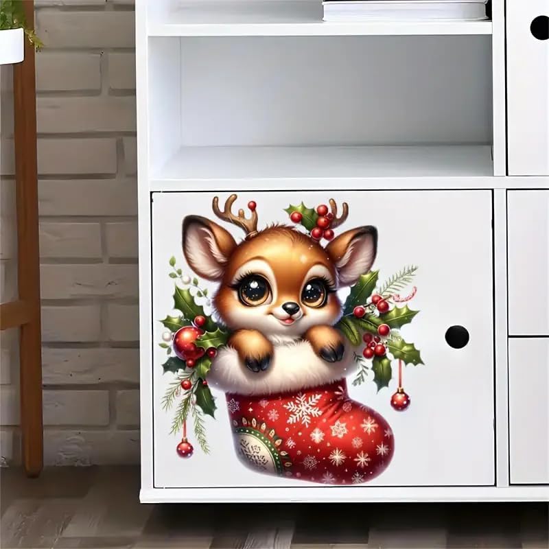 Christmas Deer Sock Toilet Cover Sticker Decals,Fish Bird Flower Leaf Waterproof Toilet Lid Tank Seat Decals Cistern Self-Adhesive Bathroom Wall Sticker