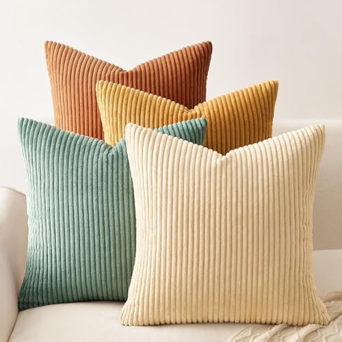 Cogavoo Set of 4 Corduroy Soft Striped Cushion Covers Boho Decorative Square Throw Pillow Covers with Invisible Zipper for Sofa Couch Bedroom Decorative Fluffy Pillowcases