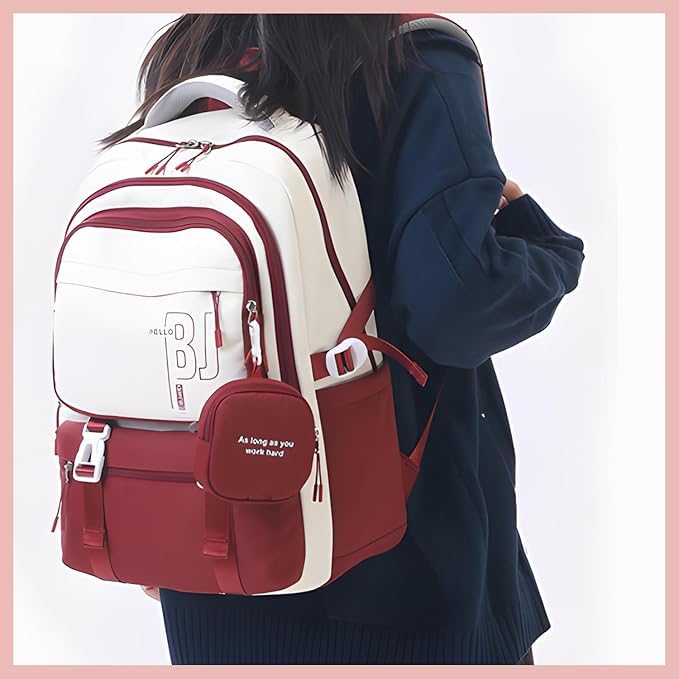 Image of Girls School Backpack with Small Zipper Pouch Fashion Nylon Backpack Multi Compartment Large Capacity Bag with Padded Shoulder Straps & Handle for School Travel Camping College
