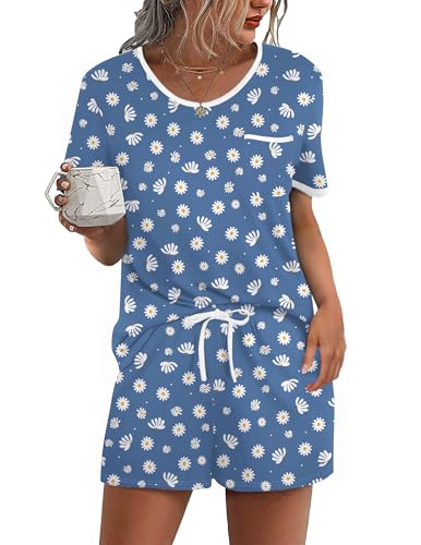 Image of Ekouaer Pajama Set for Women 2 Piece Lounge Set Short Sleeve Tops and Shorts Soft Sleepwear, Chest Pocket