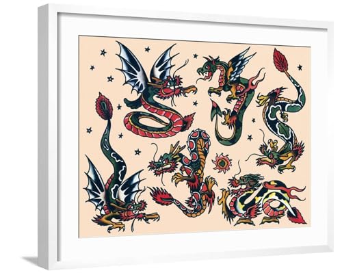 ART.COM Wall Art Print Asian Dragons, Authentic Vintage Tatooo Flash by Norman Collins, aka, Sailor Jerry on White Frame by Piddix, 29" x 23"