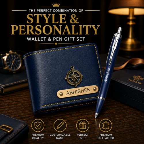 Image of Personalized Men's Wallet with Name & Metal Pen | Customized Slim Stylish Wallet with Charm | Gift for Men, Husband, Boyfriend, Father, Brother | Birthday, Anniversary, Teachers (Blue)