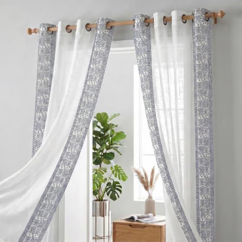 Image of LINENWALAS Decorative Cotton Linen Sheer Curtains 6 Feet for Window -Block Printed Door Curtain | Grommet Hanging Style Pack of 2 Panels |Light Filtering Sheer Drapes (Navy Bandhani)