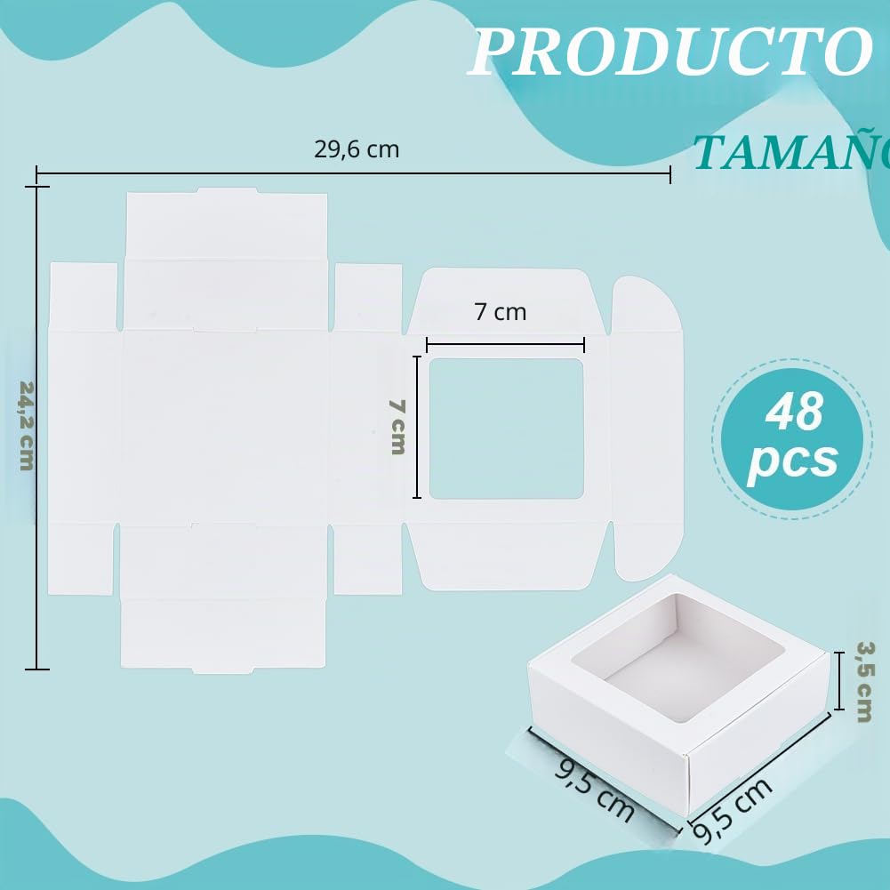 BENECREAT 48 Caja de Papel Blanca Cuadrada, Cajas de Regalo con Ventana Transparente para Recuerdos de Bodas, Panadería, Joyas, Embalaje, 9.5x9.5x3.5cm