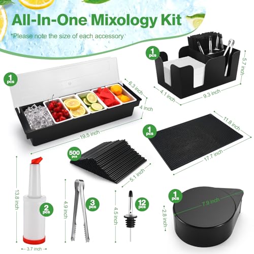 Image of Bartending Supplies - 18 inch x 12 inch Bar Mat Garnish Tray with Lid Bar Caddy 3 Tier Bar Glass Rimmer, 2 Plastic Juice Pour Bottles 3 Mini Tongs 12 Classic Liquor Bottle Pourers 500 Cocktail Straws(Black)