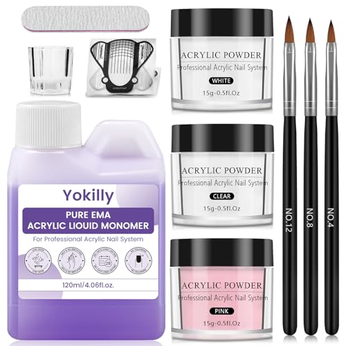 Yokilly Kit D'ongles Acryliques : 120ML Monomer Liquide Acrylique Ongle 3 Pièces Poudre Ongle - Acrylique Kit Ongle
