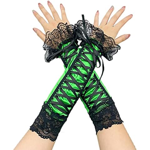 Women Steampunk Lace Fingerless Gloves Gothic Elbow Satin Tie Up Halloween Cosplay Prom Vintage, Green, One Size Cover
