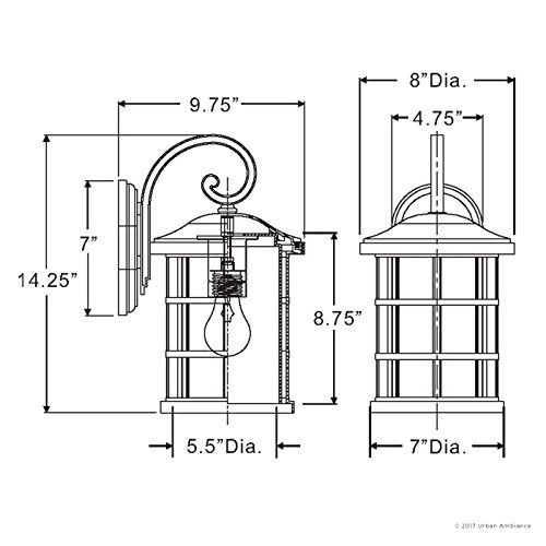 Image of Urban Ambiance Luxury Craftsman Outdoor Wall Light, Medium Size: 14.25 inch H x 8 inch W, with Tudor Style Elements, Wrought Iron Design, Natural Black Finish and Seeded Glass, UQL1042