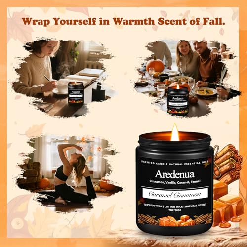 Image of Fall Candle | Caramel Cinnamon Scented Candle - Autumn Seasonal Candles for Fall - 7oz Soy Candles for Home Scented, Thanksgiving Halloween Holiday Gift for Home - 50 Hours Long Burning -Black Jar