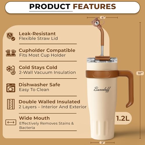 Image of Insulated Tumbler with Straw Lid and Handle (1200 ML) Double Wall Sipper Water Bottle for Adults, Tumbler Bottle with Straw (Almond Quartz, 1200 ML, with Bear Straw Coverr)