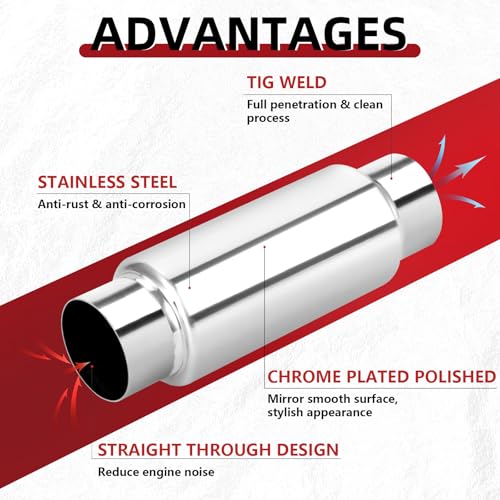 Image of LCGP 3 inch Inlet Universal Resonator Muffler, 3 inch Outlet 12 inch Overall Length Stainless Steel High Performance Muffler, Polished, Pass-Thru Design