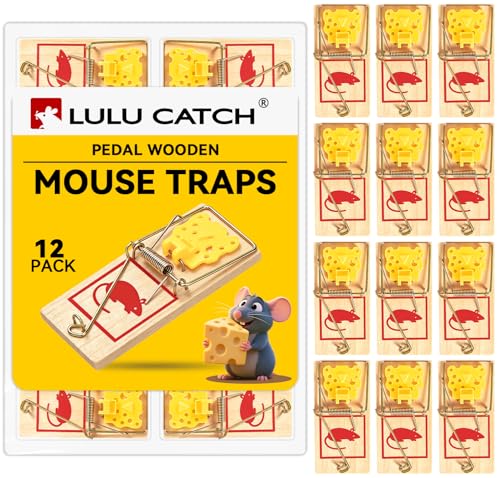 LULUCATCH Mouse Traps 12 Pack Classic Plastic Pedal Snap Traps for Indoor Outdoor Use Fast & Effective High Catch Rate Wooden Mouse Traps Reusable Mice Rodent Traps for Home Garage & Kitchen