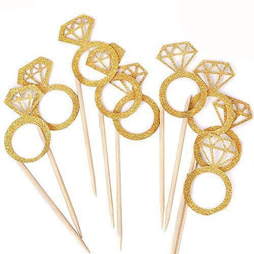 Kakasogo 50PCS Newest Wedding Bridal Shower Gold Glitter Diamond Ring Cupcake Cake Topper Picks for Marriage Engagement Anniversary Birthday Valentines Party Cake Decor