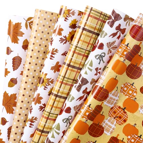 RUSPEPA Fall Wrapping Paper Sheets Autumn Pumpkin Sunflower Leaves and Plaid Design Gift Wrap Paper for Thanksgiving Birthday Harvest Gifts 6 Folded Sheets 19.68 X 27.5 Inch