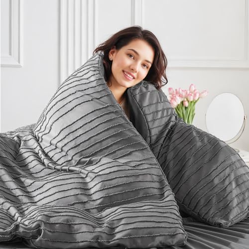 Image of NEXHOME PRO Duvet Cover King Size, Grey 3 Pieces Boho Tufted Duvet Cover Set, Soft and Lightweight Microfiber Comforter Cover Set for All Season (Grey King, 104 x 90)-No Comforter