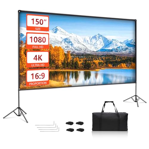 EMART Écran de Projection avec Support 150 Pouces, Écran Videoprojecteur Portatif 16:9 4K Avant et Arrière HD, Toile de Projection sur Pied pour Cinéma...