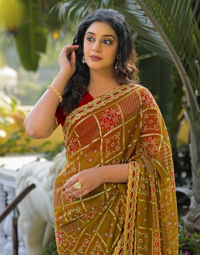 Image of SIRIL Women's Georgette Bandhani Printed Saree with Unstitched Blouse Piece