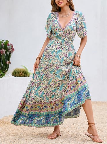 Image of R.Vivimos Women's Summer V Neck Maxi Dress Boho Floral Print Short Sleeve Elastic Waist Ruffle Patchwork A-Line Beach Dress