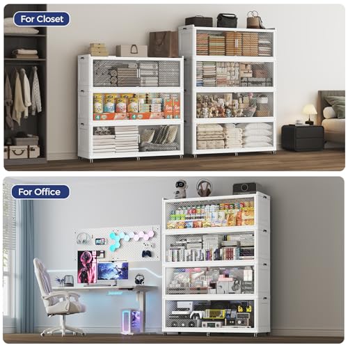 Image of 240 Gallon Extra Large Collapsible Storage Bin with Lid, 960QT Stackable Plastic Organizer with 6x Wheels, Foldable Drawer Cabinet for Closet, Living Room Office, Kitchen 3Pack, White