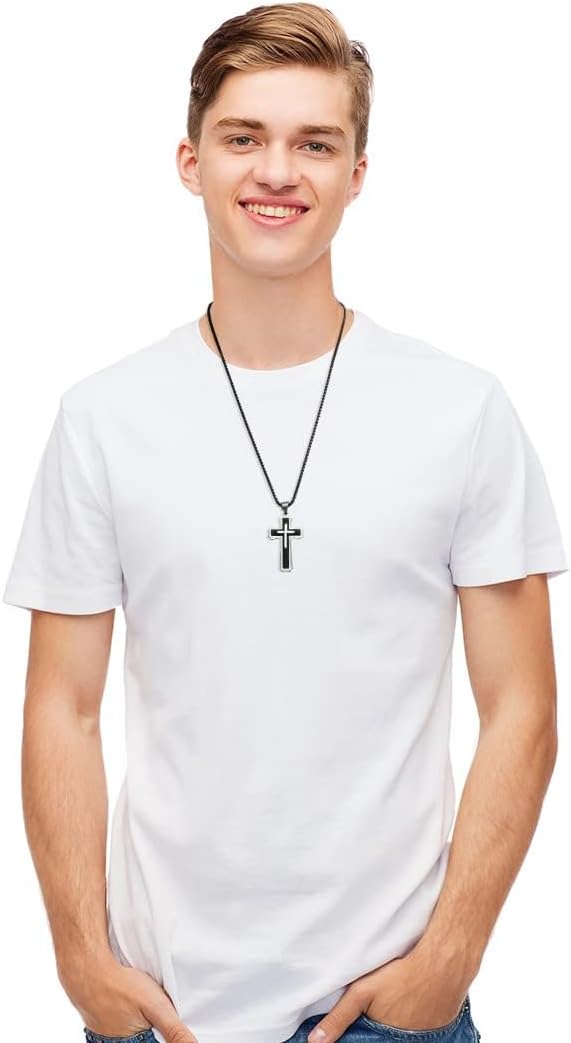 Silver deer [Hypoallergenic Cross Necklace for Men【2in DIY extension】 Stainless Steel Plain Cross Pendant Necklace for Men Box Chain 21.65in - Image 3