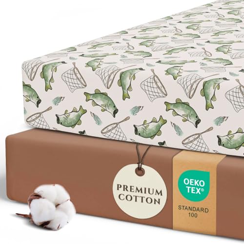 Image of Pobi Baby Crib Sheets for Boys, Soft Cotton Blend, 2-Pack (Gone Fishing) | Fitted Crib Sheet, Standard Mattress 52x28, Toddler Mattress Sheets, Breathable, Snug, Newborn, Machine Wash, Nursery Bedding