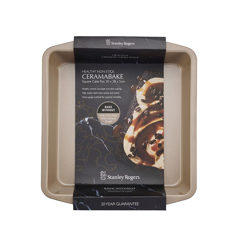 Stanley Rogers Ceramabake Moule à gâteau carré en céramique antiadhésif sain 20 x 20 x 5 cm – Cuisson sans PFAS PTFE PFOS PFOA cadmium et plomb – Idéal pour les brownies, les gâteaux et la pâtisserie