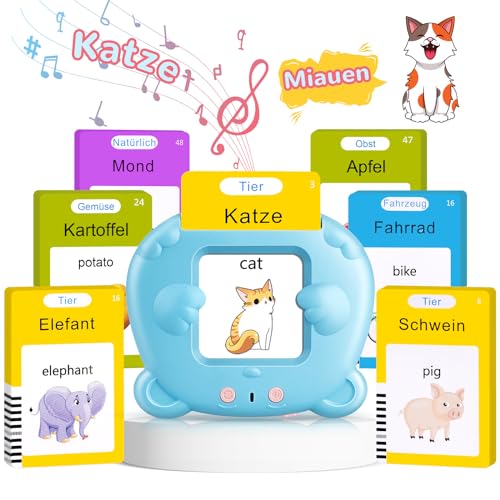 AHJ Schede Flash Cards Parlanti (Tedesco e Inglese), Giocattoli di Apprendimento per Bambini dai 1-12 Anni, Educativi Prescolari da Ascoltare e Imparare di Base 112 Flashcard 224 Parole (Blu)