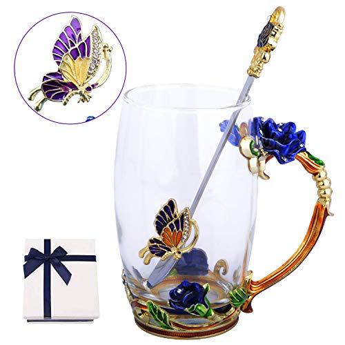 Mug Cups, Clear Glass Cups with Spoon Set, Handmade Butterfly Rose,13 oz Ideal