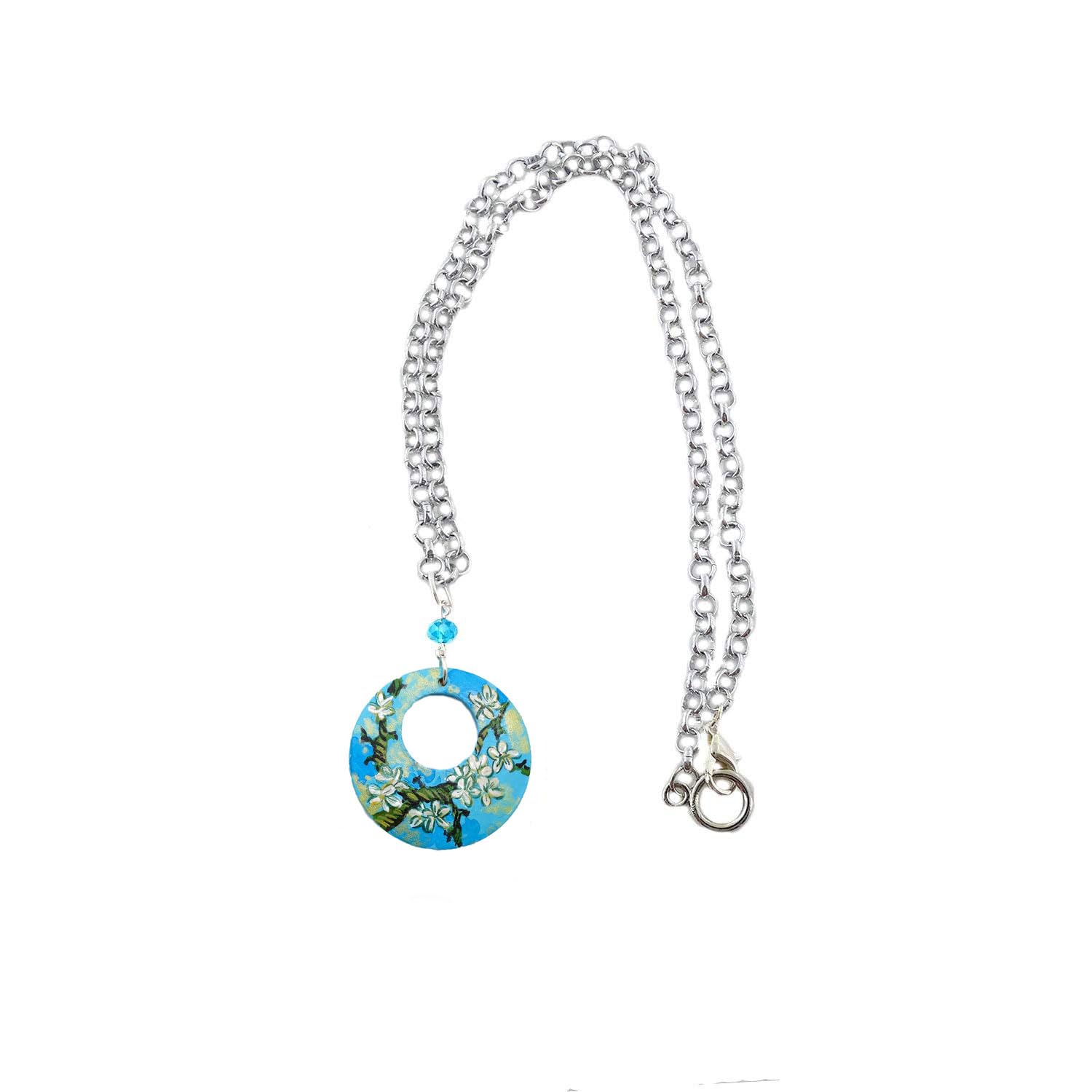 Arte Lisanti Collar con colgante pintado a mano – El almendro, cuadro famoso – Collar con colgante pintado a mano, medallón de madera pintado a mano, joya elegante en madera totalmente pintada