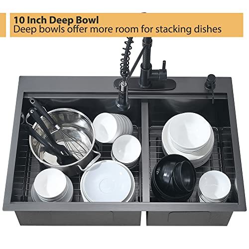 33 Inch Black Drop In Double Bowl Kitchen Sink Workstation-Bokaiya 33X22 Drop In Kitchen Sink Topmount 16 Gauge Gunmetal Black Stainless Steel 60/40 Low Divide Double Kitchen Sink #TOP7