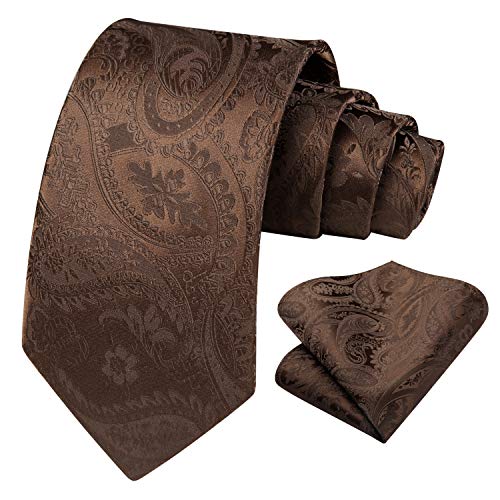 HISDERN Solid Paisley Tie for Men Handkerchief Woven Classic Flower Men's Necktie & Pocket Square Set Cocoa Brown