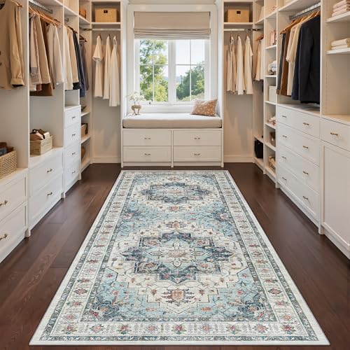 Madane Hallway Runner Rug 4x8 Wide: Washable Thin Runners for Hallways Entry, Non Slip Soft Vintage Kitchen Rugs Low Pile Carpet Runners for Living Room Bedroom Dining Room Foyer (Blue, 4x8)