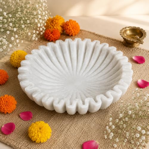Image of Marble Urli Bowl for Home Decor | Handcrafted Floating Bowl, Decorative Centerpiece for Living Room, Luxury Stone Urli Dish, Pooja Decor & Festive Gift Item (Ruffle Urli /12 Inch)