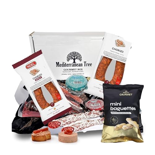 Pack Caja Regalo Gourmet 2 Chorizos Seleccion y Picante + 2 Fuets espetec y 2 Patés Ibericos Exclusivos + picos Artesanales – Cesta Delicatessen Embutidos Tapas para Navidad y Ocasiones Especiales