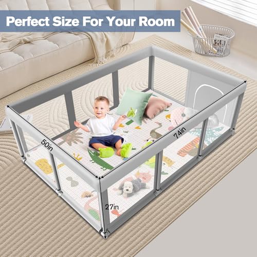 Image of Baby Playpen with Mat 74 inch x50 inch, Large Play Yards Indoor & Outdoor, Sturdy Safety Baby Play Pen with Soft Breathable Mesh, Toddlers Play Pen with Anti-Slip Base, Waterproof Mat Included