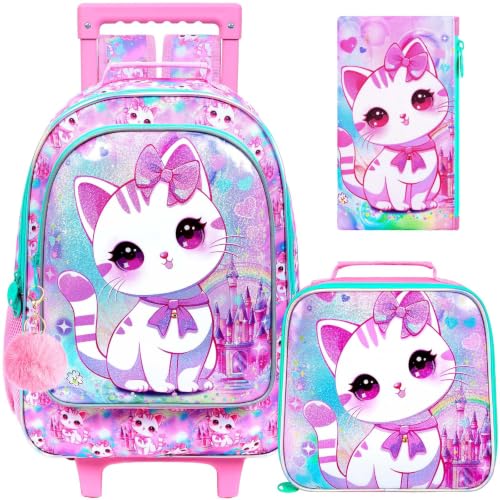 CCJPX 3PCS Rolling Backpack for Girls,Kids Cat Backpacks with Roller Wheels, Wheeled Bookbag with Lunch Box for Toddler Elementary School