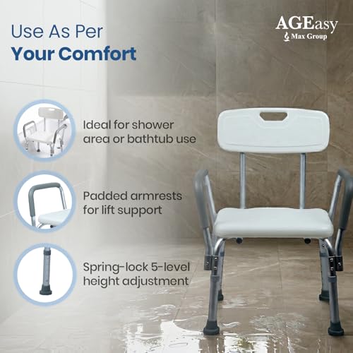 Image of AGEasy (Max Group) Safesit Shower Chair for Seniors | Adjustable Bath Stool with Padded Armrests & Back | Shower Chair with Removable Back & Height Adjustable Legs for Bathroom, Bathtub