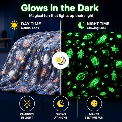 Image of Glow in The Dark Blanket for Kids Pack of 2 Soft Fleece Flannel Throw Blanket Blue & Grey Reindeer Snowflake Design Winter Blanket 150 x 200 cm