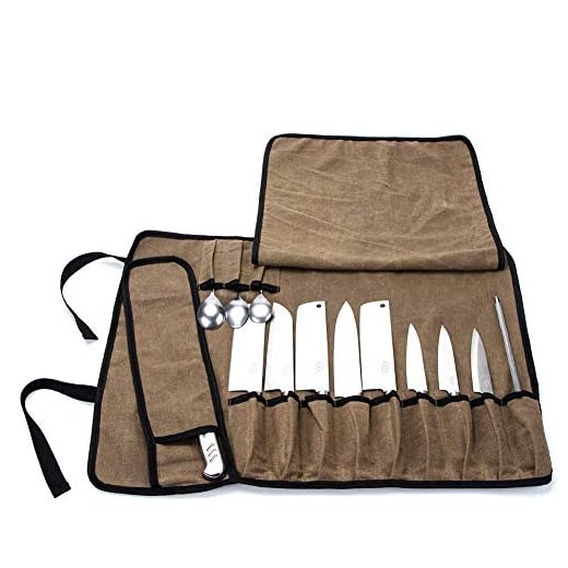 QEES - Bolsa para Cuchillos de Chef con 13 Compartimentos, Resistente a Cortes y pinchazos, para Camping, Senderismo, multifunción, Resistente Bolsa de Lona Encerada para Herramientas, Color Caqui