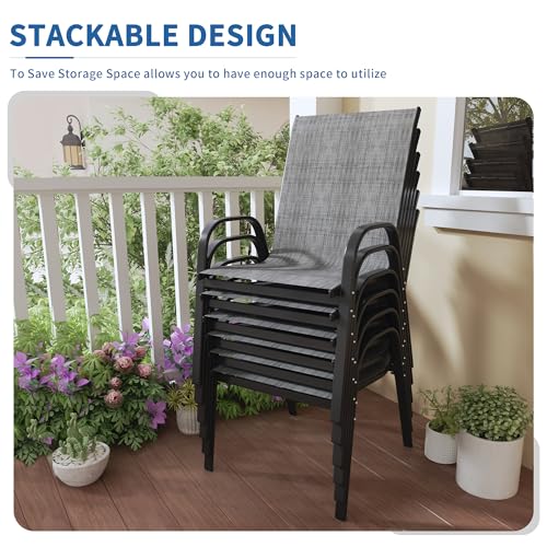 Image of PIZZELLO Patio Chairs Set of 6 - Outdoor Stackable Dining Chairs for All Weather - Lightweight Textilene Outdoor Chair Sets with Armrests - 330Lbs Capacity - for Backyard Garden Porch Poolside (Grey)